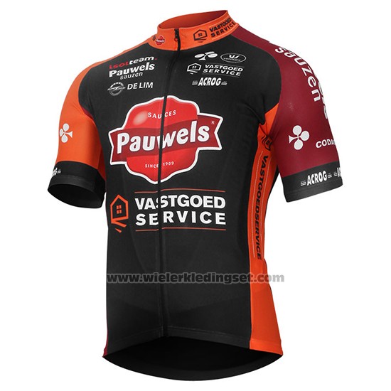 2017 Fietskleding Pauwels Sauzen Vastgoedservice Zwart en Oranje Korte Mouwen en Koersbroek