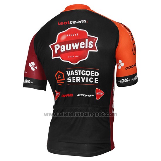 2017 Fietskleding Pauwels Sauzen Vastgoedservice Zwart en Oranje Korte Mouwen en Koersbroek
